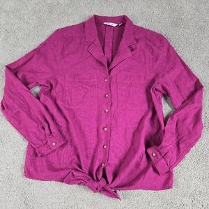 Reitmans Hot Pink Linen Blend Button Up Blouse Long Sleeve Beachy Boho Colorful